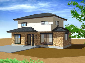 二階ベージュ塗装、一階煉瓦風タイル外観