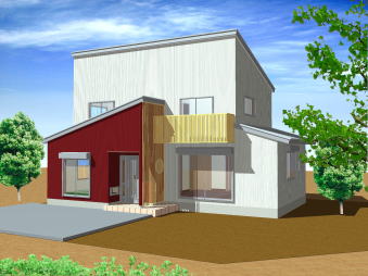 赤茶、白のモダンな外観